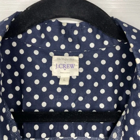 J. Crew Button Down Polka Dot Shirt Women’s Large Navy & White Long Sleeves - Picture 3 of 3